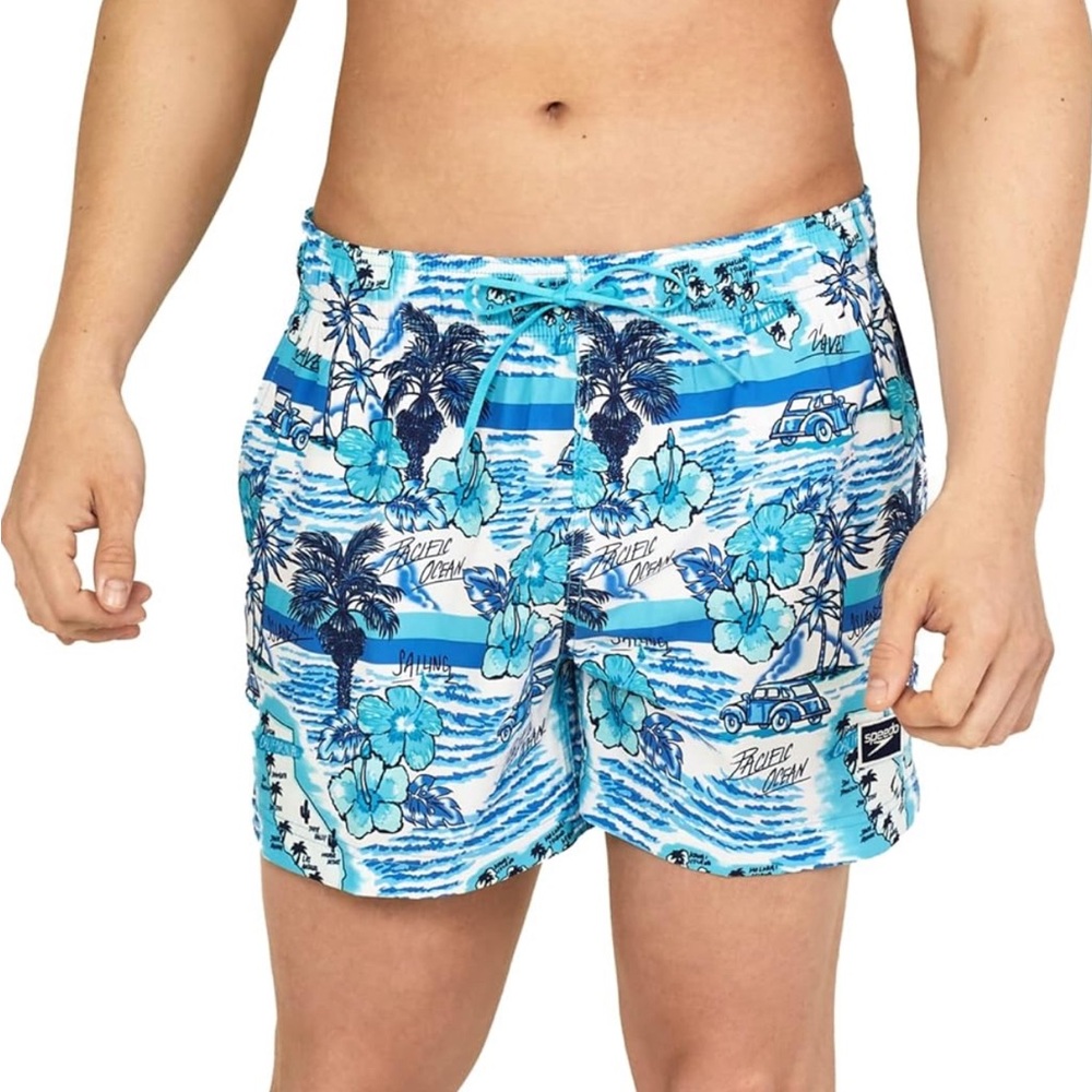 Speedo Men's XXL Turkish Sea Blue Printed Swim Trunks NWT UPF 50+ Stretch
